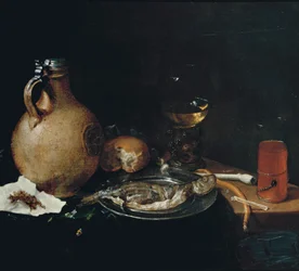 En lerkar, tobak i et stykke papir, en bolle, en hvid lerpibe, en roemer, snittet sild på en tinplade og et kometenglas på et delvist draperet træbord, 1664