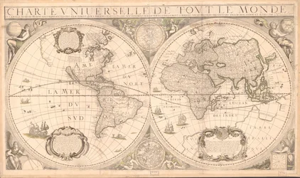 Relief vist billedmæssigt. Indeholder illustrationer, noter og to himmelske halvkugler. Samlet af to ark. LC kopi let farvet, kun i grøn. Monteret på stof, med stifthuller i alle hjørner. Shirley, R.W. Mapping of the world, 323 Tilgængelig en