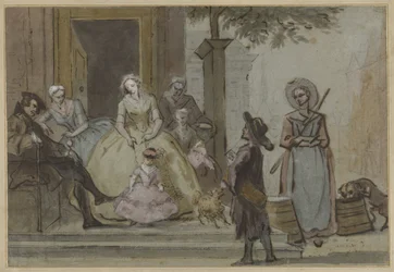 Hurdy-gurdy-afspiller til en lyttende familie på et byhusdørtrin