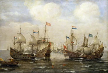 Et sammenstød mellem spanierne og hollænderne omkring 1630, hver båd har sit eget flag, og til venstre bærer en båd de hollandske generalstaters flag.