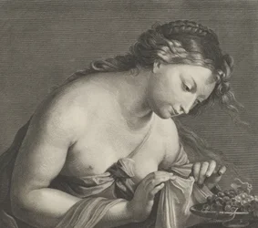 Erigone læner sig over et fad med vindruer og løfter et stykke stof med begge hænder,..., ca. 1700.