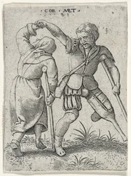 En mand med et træben, der vender en halt kvinde under armen, 1572 (gravering på lagt papir)