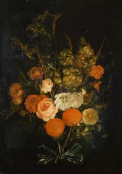 Flot roser, nelliker, appelsiner, druer, agern og kastanjer (olie på lærred)