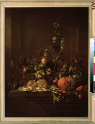 "Stilleben af ​​vinterfrugter med en bæger" (Still life with a goblet) Appelsin, citron, valnødder, hasselnødder, kastanjer (kastanjer?), østers, ærter, ribs, snegle, kirsebær Maleri af Cornelis de Heem (1631-1695) omkring 1680 Pushkin Museum, Mo