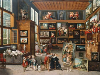 En rummelig entré med billeder, samlergenstande, en kunstner og en kender, ca. 1635-1640