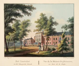 Het Lustslot in het Haagsche Bosch. Udsigt over Pleasure House, Haije Wood, 1825 (håndkoloreret stik)