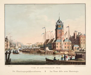 Udsigt over Amsterdam No.10. Fra Haringspakkerstoren. La Tour dit aux Harengs, 1825 (håndfarvet gravering)