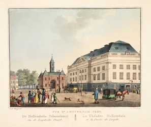 Udsigt over Amsterdam nr. 20. De Hollandsche Schouwburg en de Leydsche Poort. Det hollandske teater og havnen i Leyden, 1825 (håndfarvet gravering)