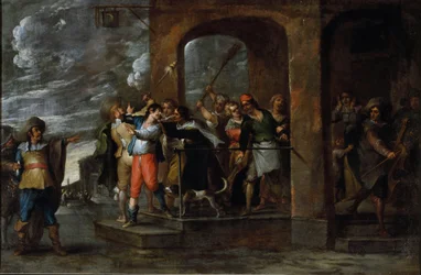 Historien om den fortabte søn: udvisning. Maleri af Cornelis De Wael (1592-1667), omkring 1630-1639. flamsk kunst. Olie på lærred. Mål: 57x86 cm. Gener, Privee Collection.