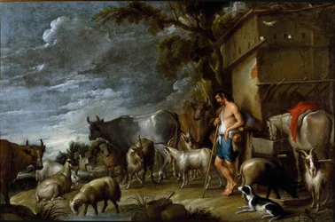Maleri af Cornelis De Wael (1592-1667), omkring 1630-1639. flamsk kunst. Historien om den fortabte søn: grisenes vagt. Besætningsholder med gris, belier, ged, ko, ged, hest, hund og får. Olie på lærred. Mål: 57x86 cm. Privat samling, Genes
