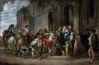 Bibelens lignelse: "" Den fortabte søns bortgang"" Maleri af Cornelis De Wael (1592-1667) (ec.flam.) 1630-1639 Dim. 57x86 cm Gener, privat samling