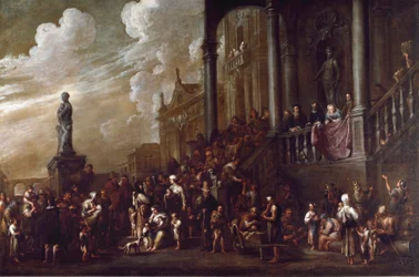De syv værker af kropslig misericorde: "" give mad til de sultne"" Maleri af Cornelis De Wael (1592-1667) (ec.flam) Gener, samling Banco di Chiavari