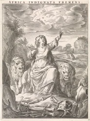 Kvindelig personificering af det afrikanske kontinent som en kvinde med løveskind siddende mellem løver Africa indignata fremens (titel på objekt) Fire kontinenter (serietitel)