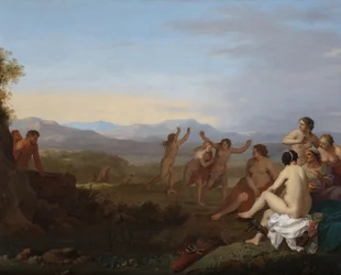 Satyrer, der spionerer på nymfer Satyrer kigger på nymfer