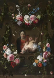Madonna omgivet af en blomsterkrans (olie på panel)