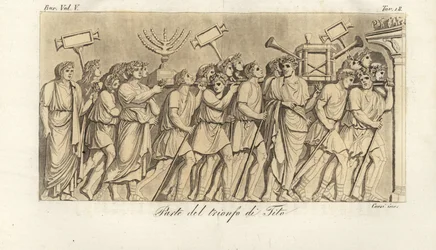 Romerske soldater marcherer i procession med krigsbytte eller spolia på Arch for Titus, triumfbuen, der fejrer kejser Titus