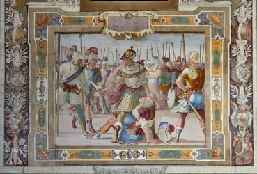 Slagscene, fra Godfrey af Bouillons gerninger ved erobringen af Jerusalem, ca. 1589-94 (fresko)