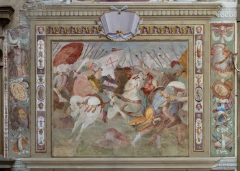 Slagscene, fra Godfrey af Bouillons gerninger ved erobringen af Jerusalem, ca. 1589-94 (fresko)
