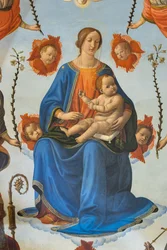 Madonna med barn i herlighed, Sankt Ambrosius, Sankt Frans af Assisi, Gud Faderen og englenes, Altertavle, detaljer (fresko)