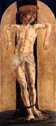 ""Saint Sebastian"" (Saint Sebastian) Maleri af Cosimo (Cosimo) Tura (før 1431-1495), ca 1484 - Olie på træ, 75x33 - Staatliche Museen, Berlin