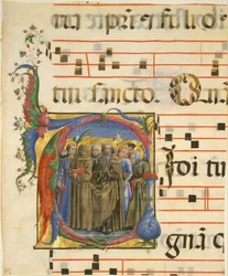 Manuskriptbelysning med alle hellige i et indledende V, fra et antifonarium, 1450-60.