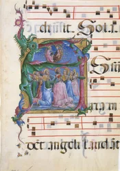 Manuskriptbelysning med Jomfruens antagelse i en indledende A..., 1450-60.