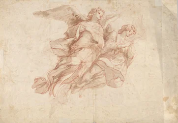 To engle, der flyver, verso: Gud Faderen, der sidder i skyerne og en skitse af en flyvende figur, c1720