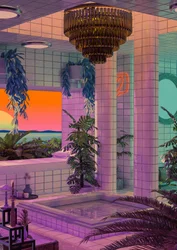 Vaporwave-solnedgang ved poolen