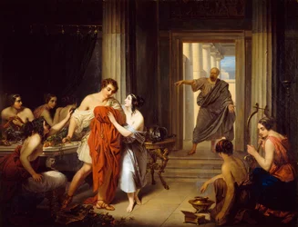 "Den græske filosof Sokrates (470-399 f.Kr.) opdager den unge Alcibiade (450-404 f.Kr.) med en hetary (græsk prostitueret)"