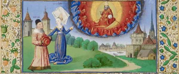Filosofi, der instruerer Boethius om Guds rolle, ca 1465