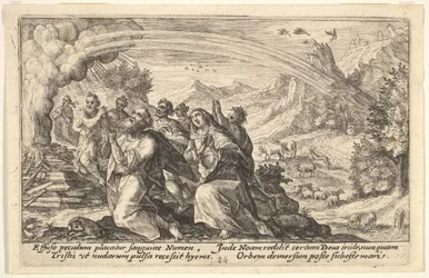 Gud indgår en pagt med Noa: ved siden af et rygende bål knæler Noa i en gestus på p..., 1612.