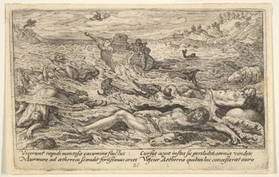 Syndfloden ødelægger livet på jorden: Lig af mennesker og dyr driver i forgrunden..., 1612.