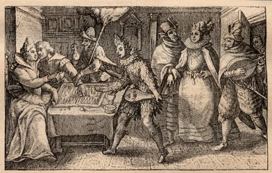 En backgammon-fest med spadserende spillere - hollandsk kobberpladegravering; fra et sæt tryk, Hortus Voluptatem, af Crispin de Passe (1550-1643) - Et par, der spiller backgammon overrasket af fem mænds masker, gravering af Crispin de Passe l