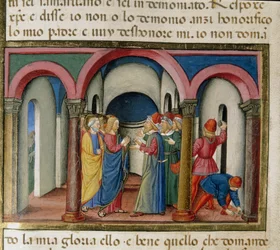 Jesus blev begravet nær Salomons tempel af jøder, som bad ham om at bevise sin miniatureidentitet Cristoforo De Predis (1440-1486) efter historien om Det Nye Testamente