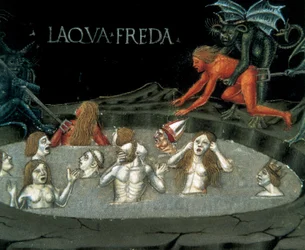 Repræsentation af en cirkel af underverden: damnes i koldt vand. Miniature af Cristoforo De Predis (1440-1486) fra Det Nye Testamentes historie