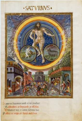 Saturn med stjernetegnene Vandmanden og Stenbukken. Spilscenerne og deres indflydelse på menneskene. (miniature, ca. 1470)