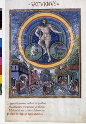 Saturn med stjernetegn på vandmanden og stenbukken. Nedenunder, spilscenerne og dens indflydelse på mænd. Miniature lavet af Cristoforo de Predis (v. 1440-v. 1486) - i “” De Sphaera””” d