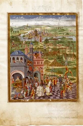 Scene med tortur og domfældelser i en middelalderlig by. Saturns indflydelser (miniature, ca. 1470)