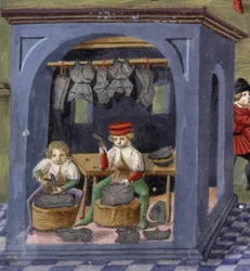 en våbensmed i "" Månens indflydelse "": håndværkerne. Miniature lavet af Cristoforo de Predis (v. 1440-v. 1486) - i “” De Sphaera””” d
