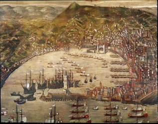 Udsigt over byen og havnen i Genova, med skibe, der kommer ind i den. (Olie på lærred