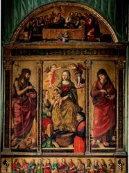 Triptykon af St. Catherines mystiske ægteskab, omgivet af de hellige Johannes Døberen og Sankt Johannes Evangelisten (Træmaleri