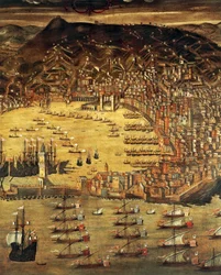 Udsigt over Genova og dens havn, Maleri af Cristoforo Grassi (1565-1598), Italien