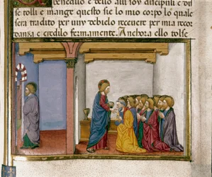 Jesus giver brød til apostlen, symbol på hans legeme, mens Judas kommer ud Miniature fra Cristoforo De Predis (1440-1486) efter Historien om Det Nye Testamente