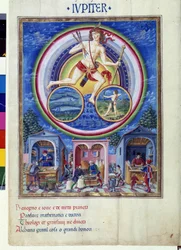 Jupiter med stjernetegn på fisk og Skytten. Nedenunder sælger købmænd forskellige ting. Miniature lavet af Cristoforo de Predis (v. 1440-v. 1486) - i “” De Sphaera””” d