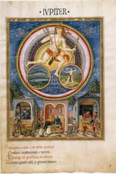 Jupiter med stjernetegn på fisk og Skytten. Forhandlere, der sælger forskellige varer. (miniature, ca. 1470)