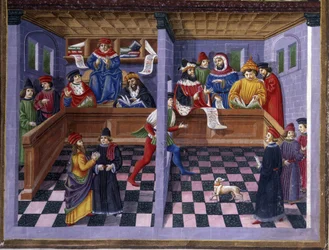 Tribunalet (Il Tribunale) i "" Indflydelse af marts "": jagten og domstolen. Miniature lavet af Cristoforo de Predis (ca. 1440-c. 1486) - i “” De Sphaera ”” ”d