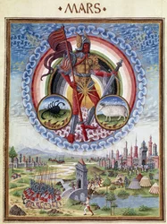 Mars med stjernetegnene skorpion og belier. Nedenunder, kampscenerne. Miniature lavet af Cristoforo de Predis (v. 1440-v. 1486) - i “” De Sphaera””” d