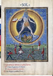 Sol med løvens stjernetegn. Dernede er scener med mænds fysiske øvelser. Miniature lavet af Cristoforo de Predis (v. 1440-v. 1486) - i “” De Sphaera””” d