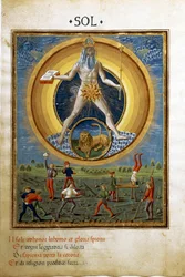 Sol med løvens stjernetegn. Scener af mænds fysiske øvelser. (miniature, ca. 1470)