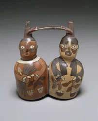 Dobbelt tud med remgreb og håndtag Beholder: To figurer, Mellem Nazca, 100-150 e.Kr. (keramik med slip)